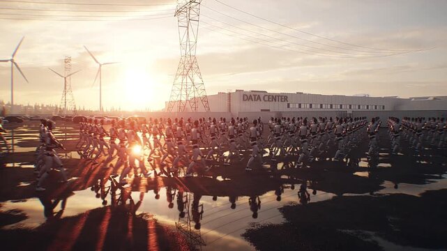Armed Robots March in Formation Near Data Center, AI Uprising and Autonomous Machine Army Concept.