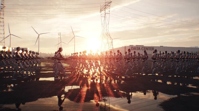 Armed Robots March in Formation Near Data Center, AI Uprising and Autonomous Machine Army Concept.