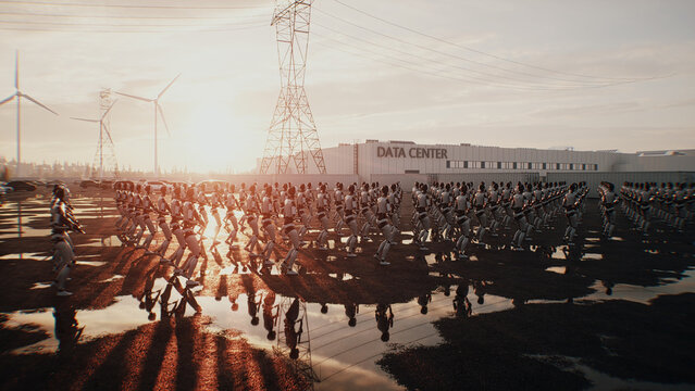 Armed Robots March in Formation Near Data Center, AI Uprising and Autonomous Machine Army Concept. 3d rendering