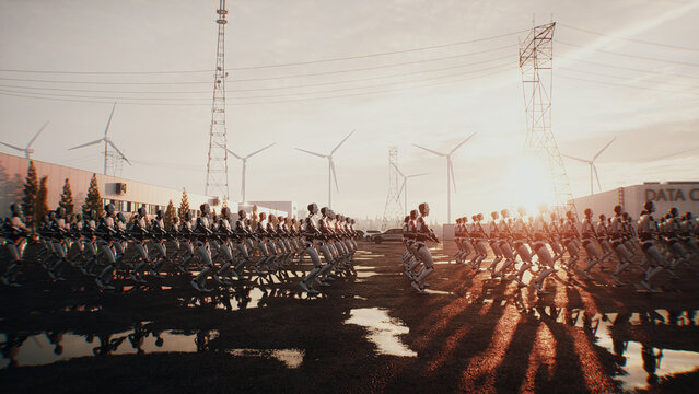 Armed Robots March in Formation Near Data Center, AI Uprising and Autonomous Machine Army Concept. 3d rendering