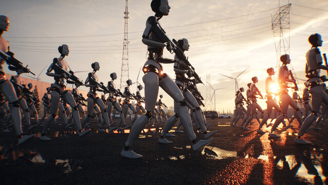 Armed Robots March in Formation Near Data Center, AI Uprising and Autonomous Machine Army Concept. 3d rendering