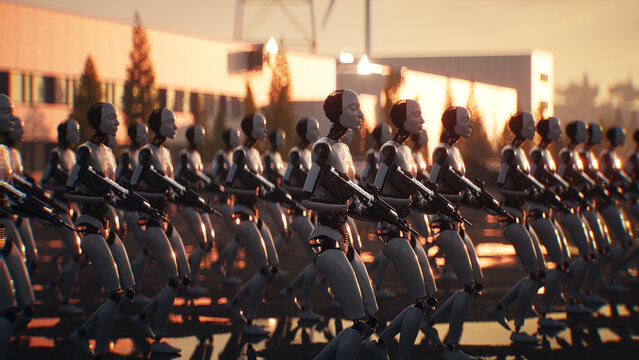 Armed Robots March in Formation Near Data Center, AI Uprising and Autonomous Machine Army Concept. 3d rendering