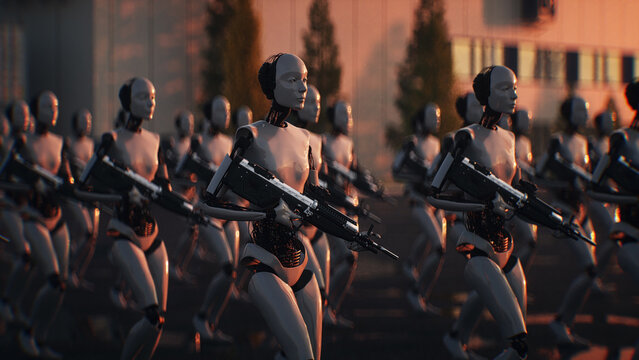 Armed Robots March in Formation Near Data Center, AI Uprising and Autonomous Machine Army Concept. 3d rendering
