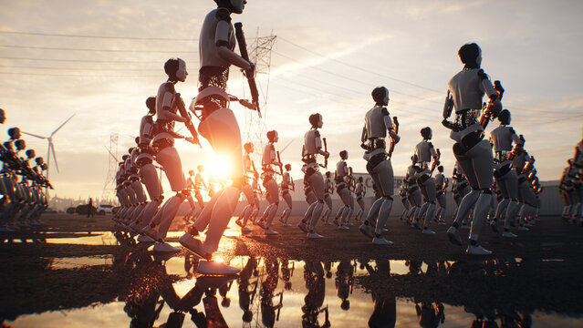 Armed Robots March in Formation Near Data Center, AI Uprising and Autonomous Machine Army Concept. 3d rendering