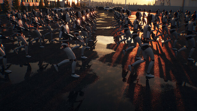 Armed Robots March in Formation Near Data Center, AI Uprising and Autonomous Machine Army Concept. 3d rendering