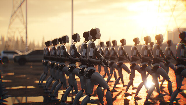 Armed Robots March in Formation Near Data Center, AI Uprising and Autonomous Machine Army Concept. 3d rendering