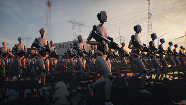 Armed Robots March in Formation Near Data Center, AI Uprising and Autonomous Machine Army Concept. 3d rendering