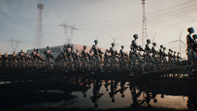 Armed Robots March in Formation Near Data Center, AI Uprising and Autonomous Machine Army Concept. 3d rendering