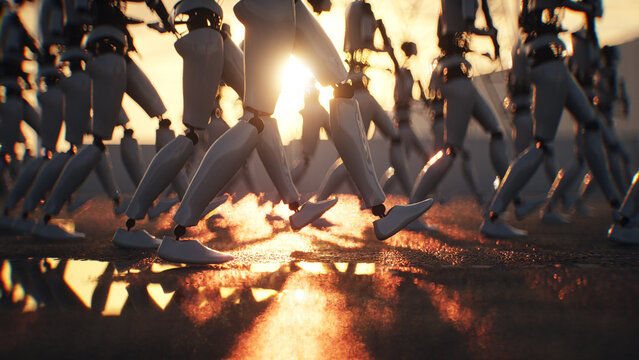 Armed Robots March in Formation Near Data Center, AI Uprising and Autonomous Machine Army Concept. 3d rendering