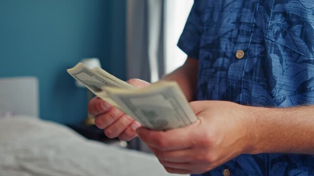 A man in a colorful shirt counts a stack of money while standing beside a neatly made bed. Soft light fills the room, creating a peaceful atmosphere