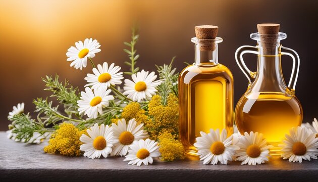Golden Oil Herbs And Daisies Create A Harmonious Composition