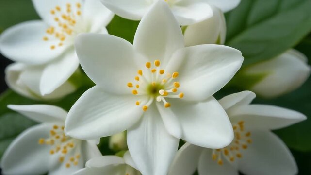 Closeup of delicate white jasmine flowers blooming in spring.