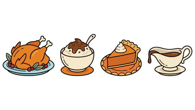 Traditional thanksgiving dinner items including roasted turkey mashed potatoes and pumpkin pie.