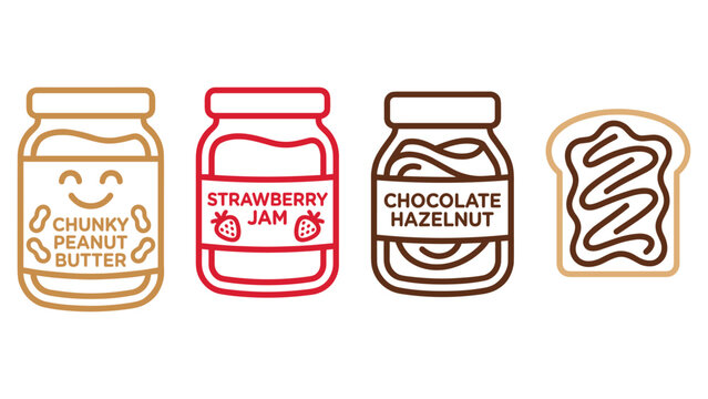 Set of peanut butter, strawberry jam, chocolate hazelnut spreads and toast bread.