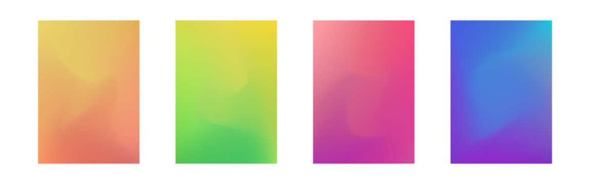 Cover gradient design. Color A4 template collection. Vibrant holographic colors set. Modern fluid wallpapers for app, social media, branding or web. Bright dynamic backgrounds. Vector illustration.