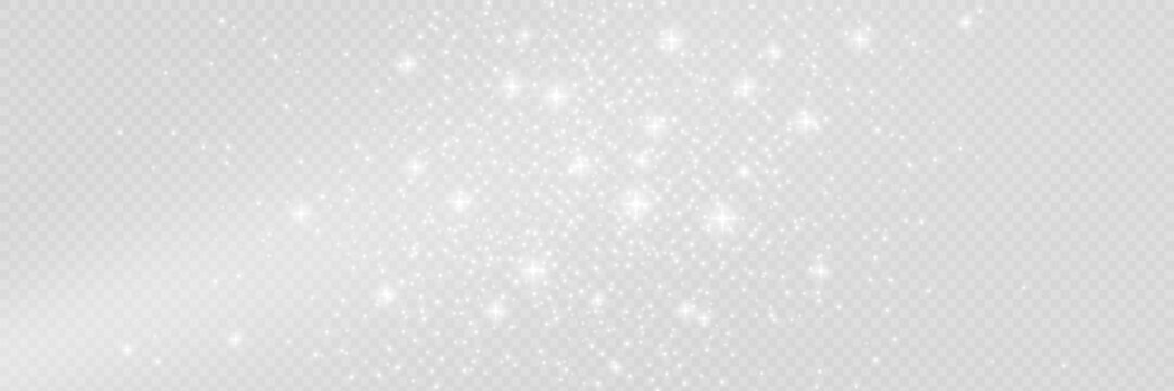 Silver glitter background with sparkling stars. Glowing particles on transparent backdrop. Elegant shimmer overlay for festive. Luxury winter celebration design. Vector illustration.