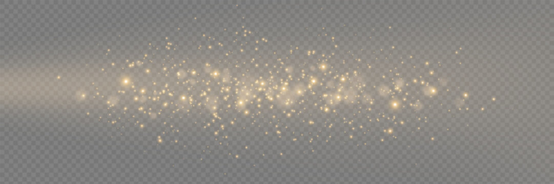 Gold glitter trail with sparkling particles. Glowing light effect on transparent background. Luxury festive overlay for celebration, wedding or premium design. Vector illustration.