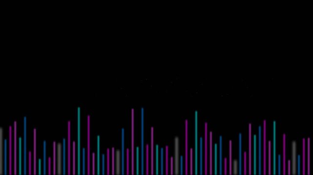Neon sound wave equalizer bars on black screen, music visualization for audio waveform, colorful data visualization, nightlife promotion