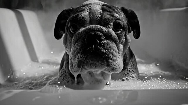 Black and white bulldog enjoying a relaxing soapy bath looking up with a worried expression