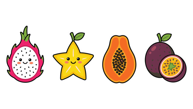 Tropical exotic fruits collection with dragonfruit starfruit papaya and passion fruit.