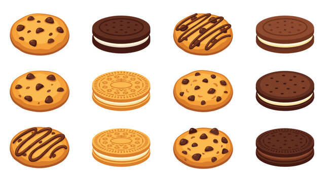 Various chocolate chip cookies and cream sandwich biscuits set with frosting decorations.