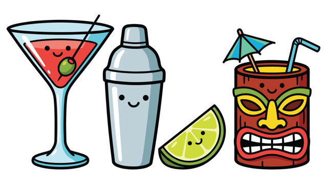 Colorful cocktail party icons with martini shaker lime slice and tiki mug characters art.
