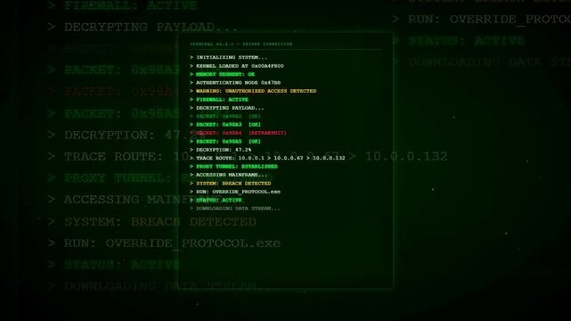 Digital hacking interface with scrolling green computer code and data decryption on black background