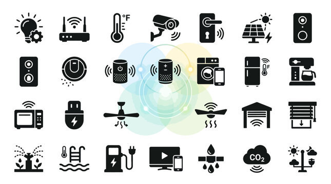 Smart home automation and IoT device black glyph icons set. EPS Editable. Vector Illustrations.