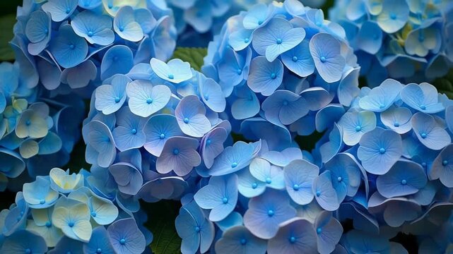 Closeup of Vibrant Blue Hydrangea Flowers in Bloom.