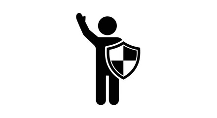 Person silhouette stands with a raised hand next to a protective shield symbol representing personal safety and security. © Mezzy