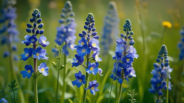 Closeup of vibrant blue wildflowers blooming in a sunlit meadow.