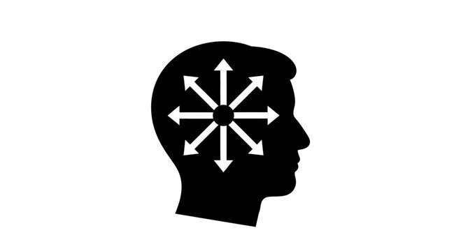 Human head silhouette contains outward pointing arrows to illustrate the concept of brainstorming and divergent thinking.