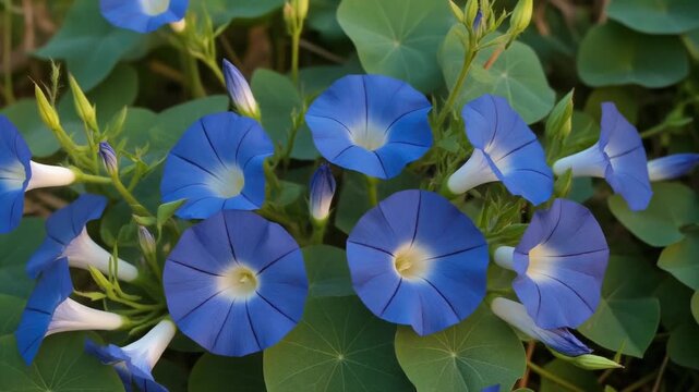 Closeup of vibrant blue morning glory flowers blooming in a garden.