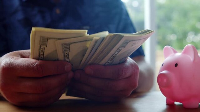 Hands carefully count dollar bills while a delightful pink piggy bank watches nearby. This moment captures the joy of budgeting and saving for future dreams