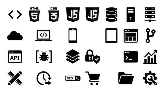 Web development and programming icon set featuring coding languages software tools and technology symbols. EPS Editable. Vector Illustrations.