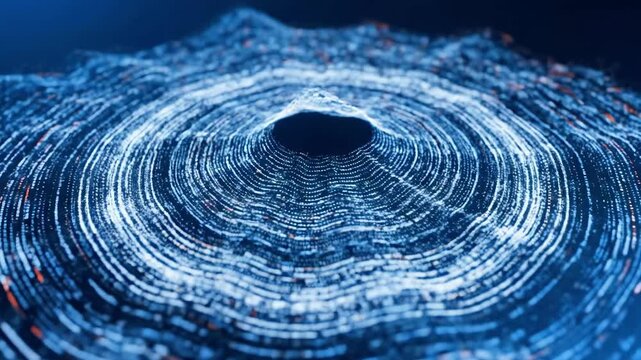 A mesmerizing digital artwork featuring concentric blue and white circles radiating from a central void