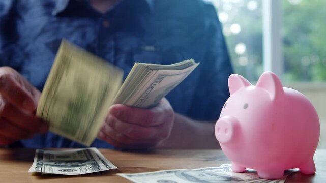 Hands carefully count bills while sitting at a sunlit table, with a cheerful pink piggy bank nearby. This moment celebrates the delight of saving money at home