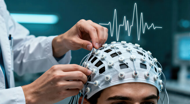 Doctor hands adjusting sensors on white EEG cap. Patient undergoing brainwave monitoring in neurology clinic