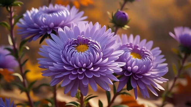 Closeup of vibrant purple asters blooming in autumn sunlight.