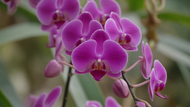 Closeup of vibrant purple Phalaenopsis orchid flowers blooming in a garden.