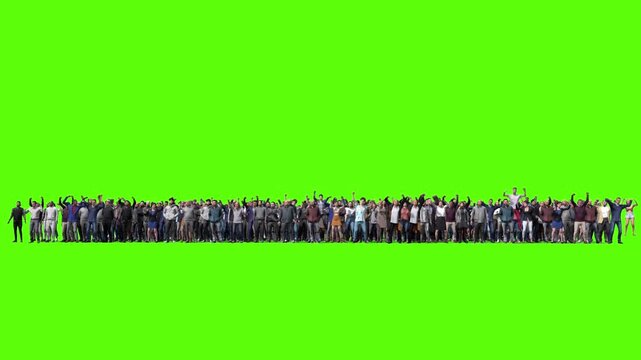 Large crowd of protesters isolated on green screen.