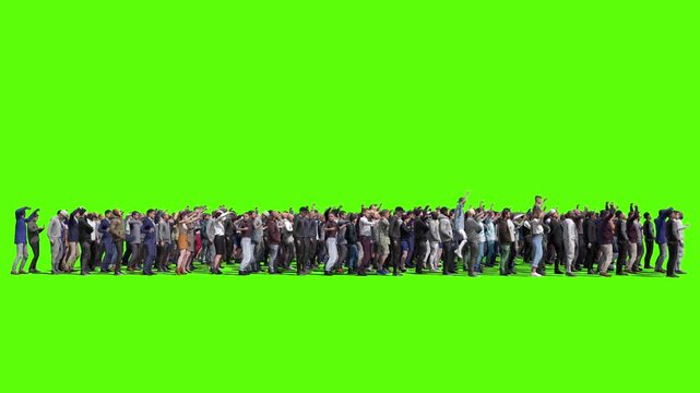 Large crowd of protesters isolated on green screen.