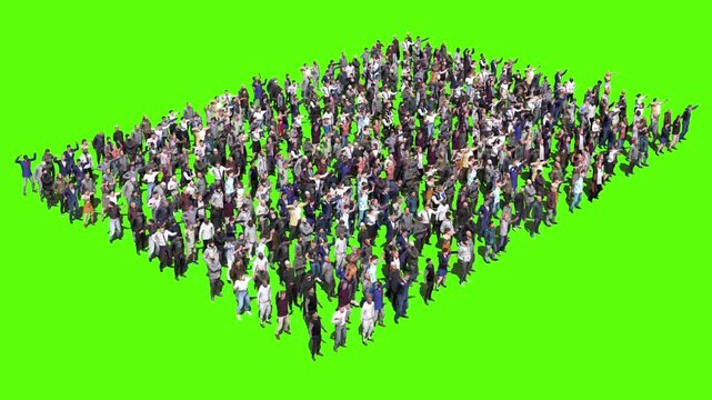 Large crowd of protesters isolated on green screen.