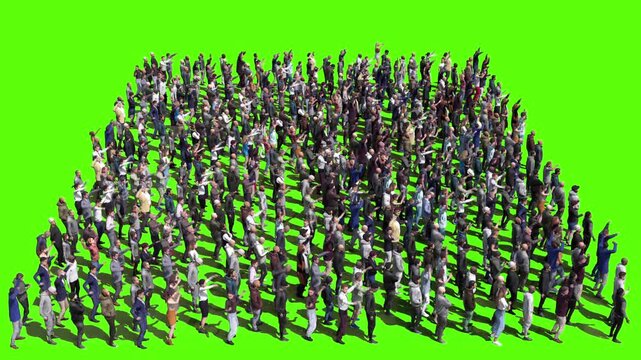 Large crowd of protesters isolated on green screen.