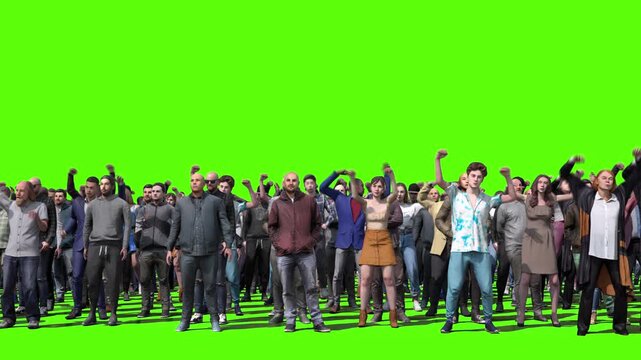 Large crowd of protesters isolated on green screen.