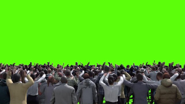 Large crowd of protesters isolated on green screen.