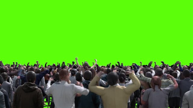 Large crowd of protesters isolated on green screen.