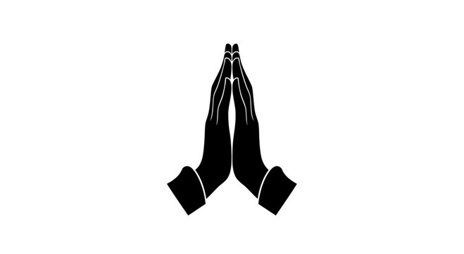 Hands pressed together in a gesture of prayer or supplication represent unity, peace, gratitude, and spiritual connection within a minimalist monochromatic graphic style.