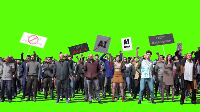 angry crowd protesting AI , anti-AI concept. Green screen isolate, Realistic 4k animation.