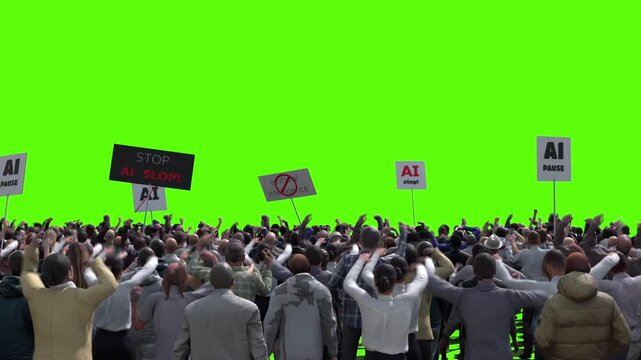 angry crowd protesting AI , anti-AI concept. Green screen isolate, Realistic 4k animation.